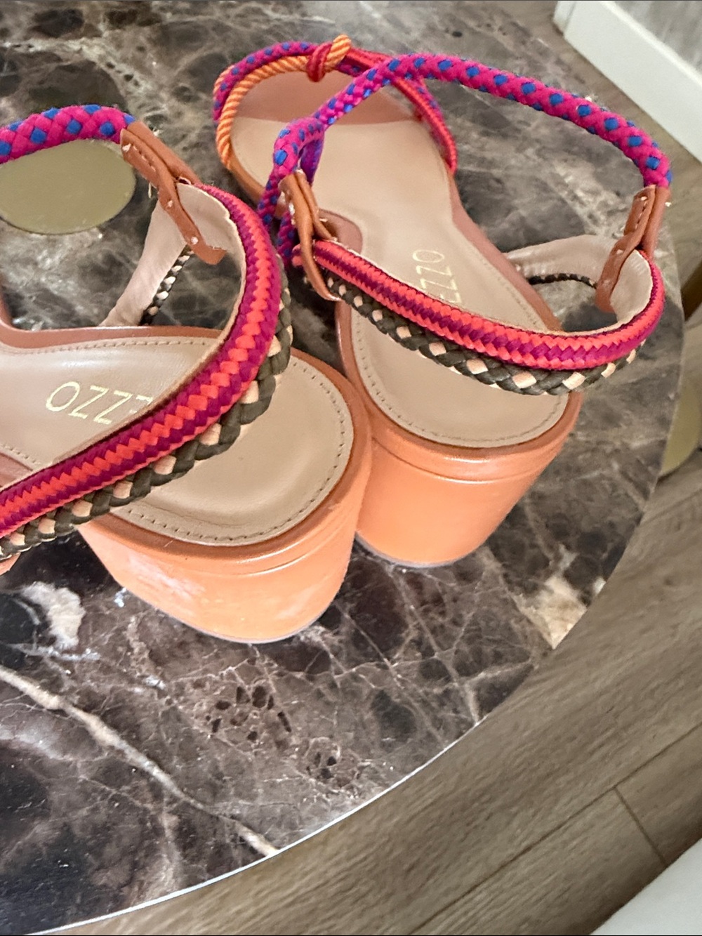 Arezzo Orange Leather Heeled Sandals with Pink & Purple Rope Ties - Picture 4 of 6